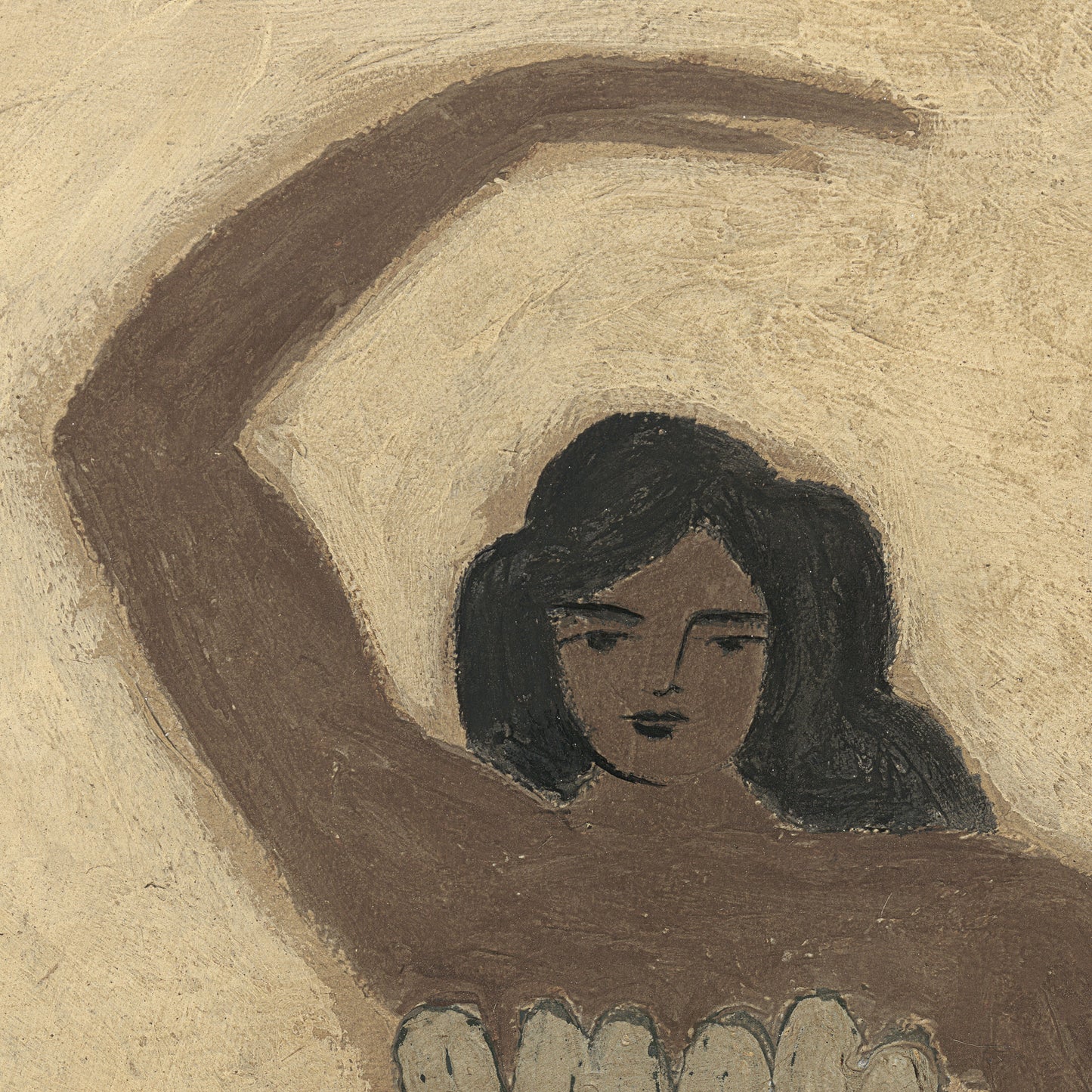 Artistic depiction of a woman with one arm raised, on a textured beige background