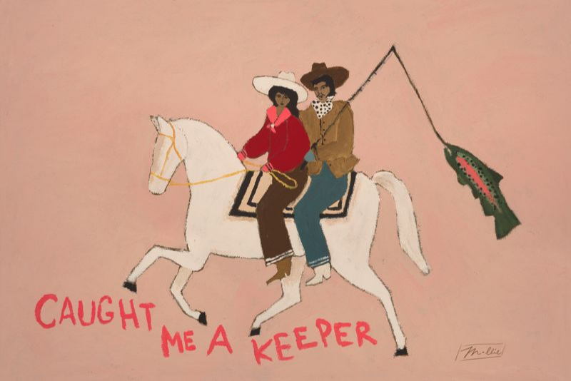 Two people riding a horse with a pink background and text 'Caught Me A Keeper'.