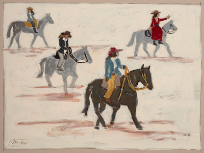Artistic depiction of women riding horses on a snowy landscape