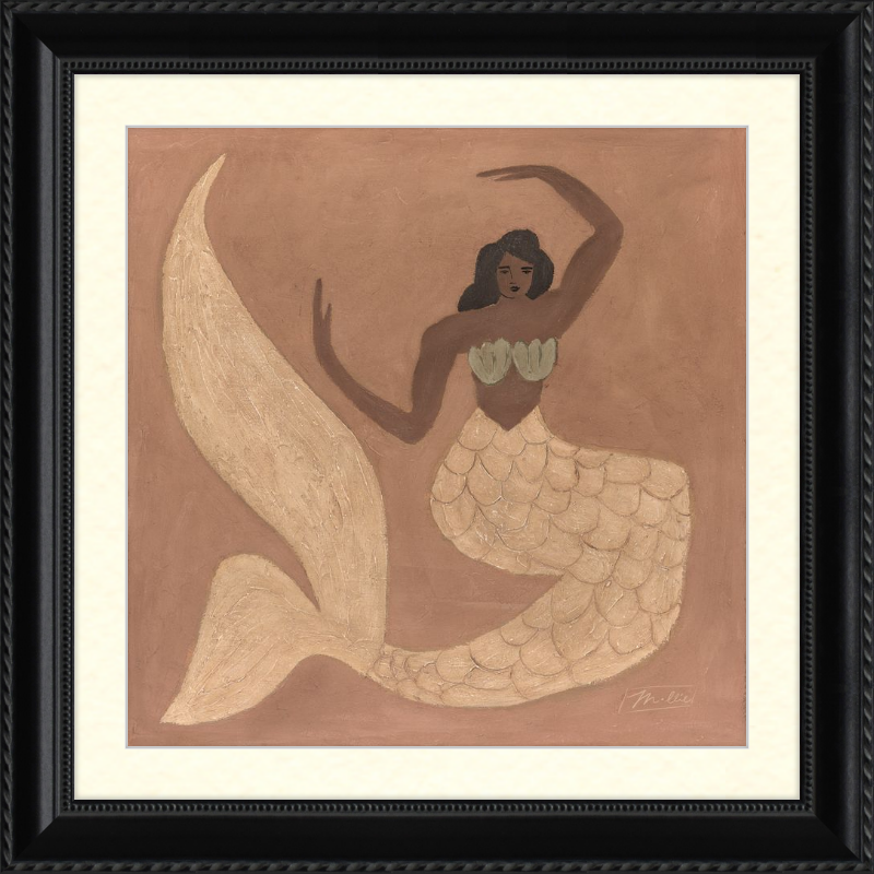 Framed artwork of a mermaid on a brown background