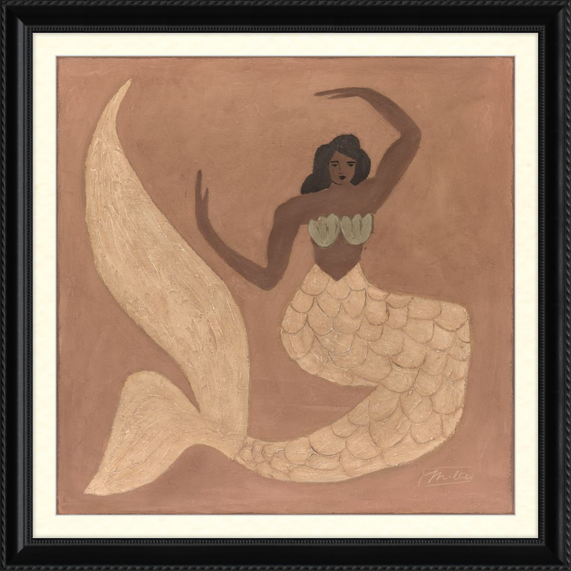 Framed artwork of a mermaid with a brown background
