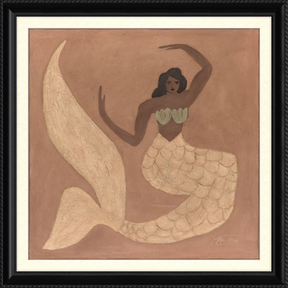 Framed artwork of a mermaid with a brown background