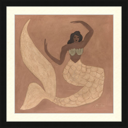 Artistic depiction of a mermaid with a beige tail and green top on a brown background.