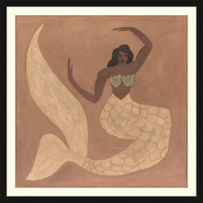 Artistic depiction of a mermaid with a stylized tail on a brown background