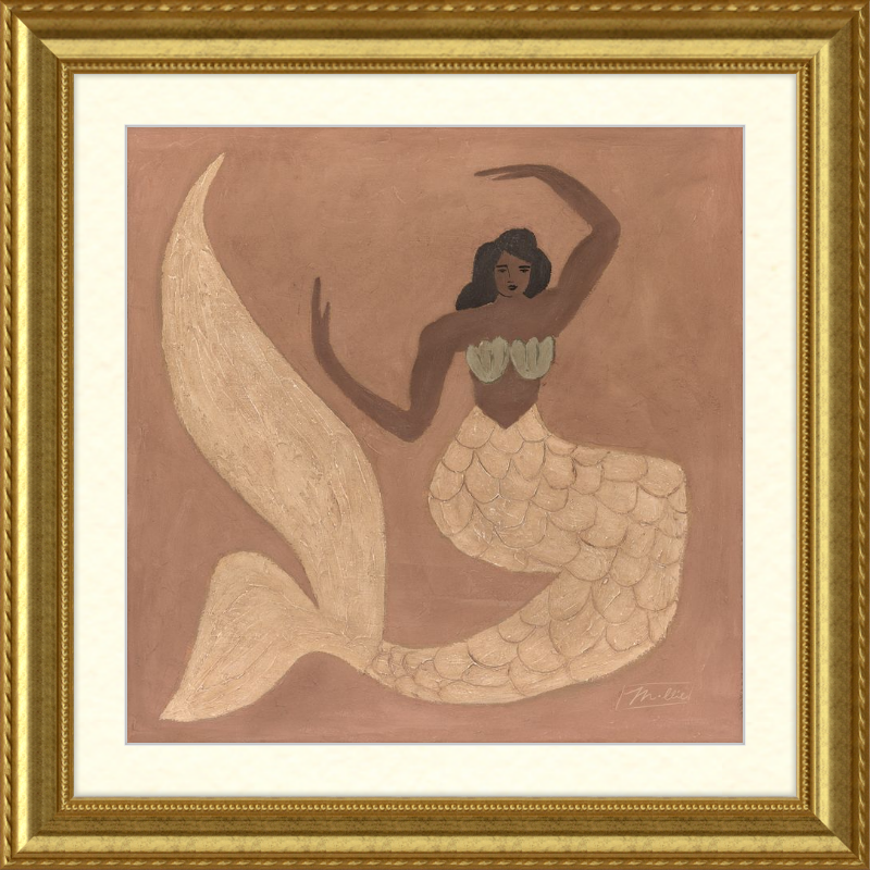 Framed artwork of a mermaid on a pink background