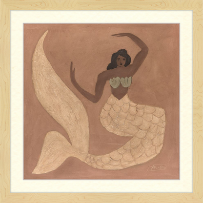 Framed artwork of a mermaid with a beige tail and green top on a brown background.