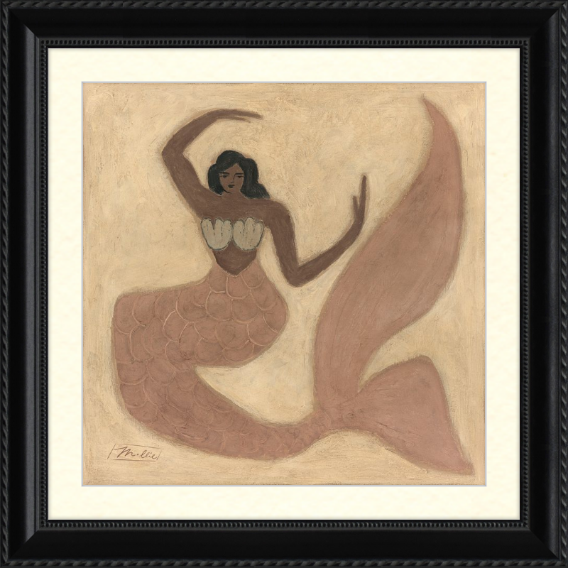 Framed artwork of a mermaid on a beige background