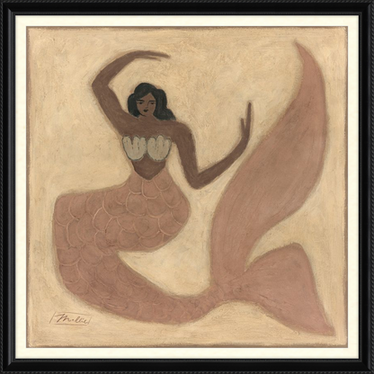 Artistic depiction of a mermaid with a stylized tail on a beige background