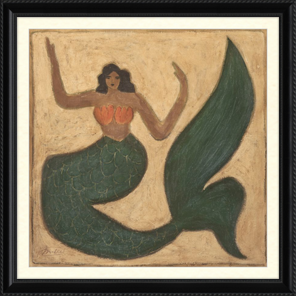 Artistic depiction of a mermaid with a green tail on a beige background