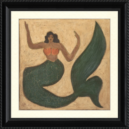 Framed artwork of a mermaid with a green tail on a beige background
