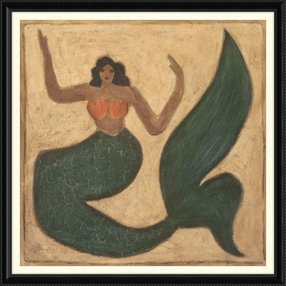 Mermaid illustration with green tail and orange top on a beige background