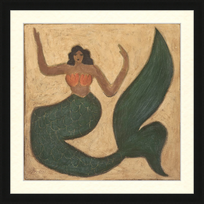Artistic depiction of a mermaid with a green tail on a textured beige background