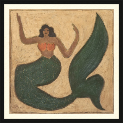 Artistic depiction of a mermaid with a green tail on a textured beige background