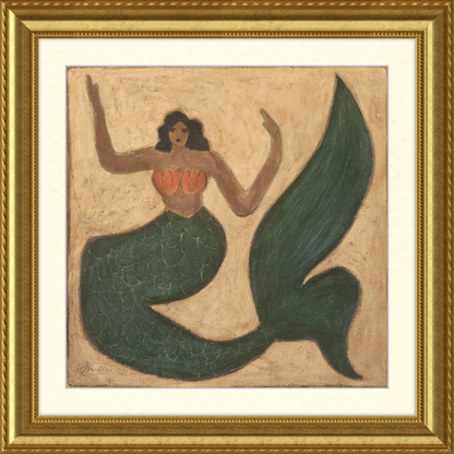 Framed artwork of a mermaid with a gold frame