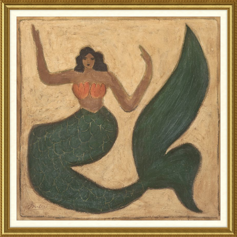 Artistic depiction of a mermaid with a green tail and orange top on a textured beige background.