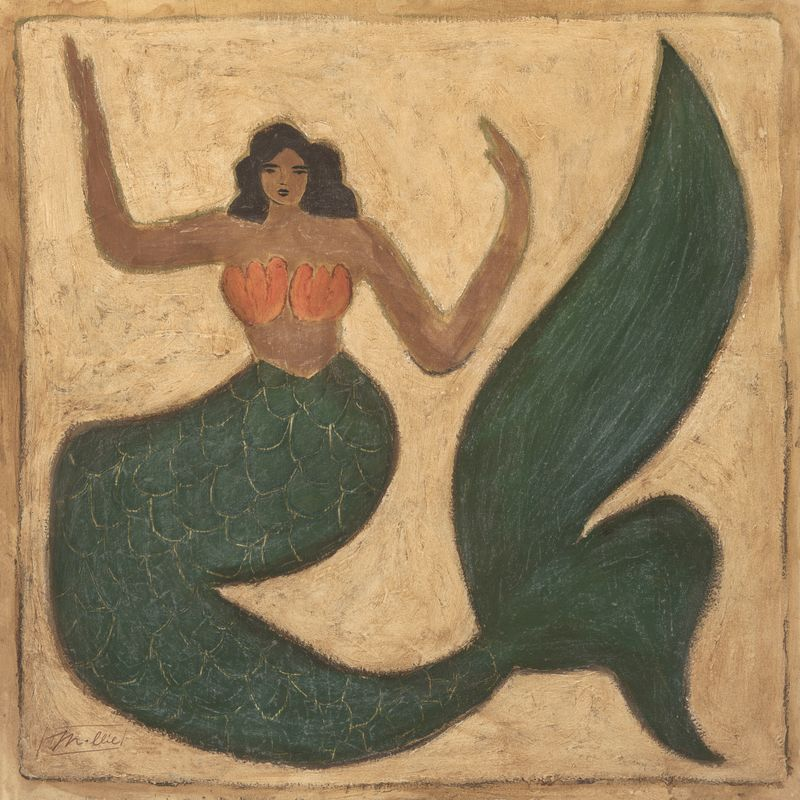 Artistic depiction of a mermaid with a green tail and orange top on a beige background