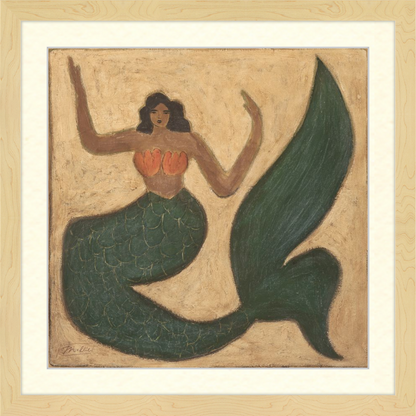 Artistic depiction of a mermaid with a green tail on a textured beige background