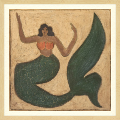 Artistic depiction of a mermaid on a textured beige background