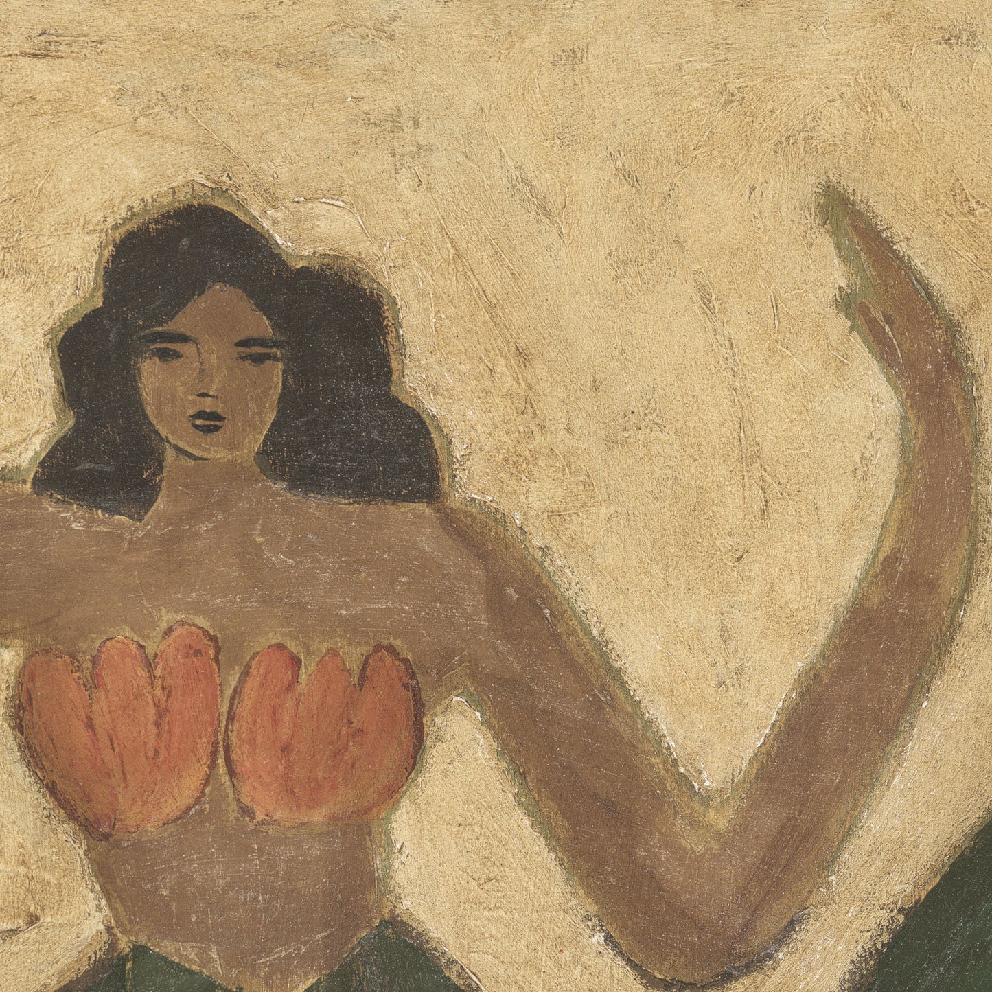 Artistic depiction of a figure with a prominent 'V' shape on a beige background