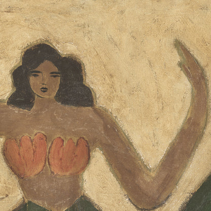 Artistic depiction of a figure with a prominent 'V' shape on a beige background