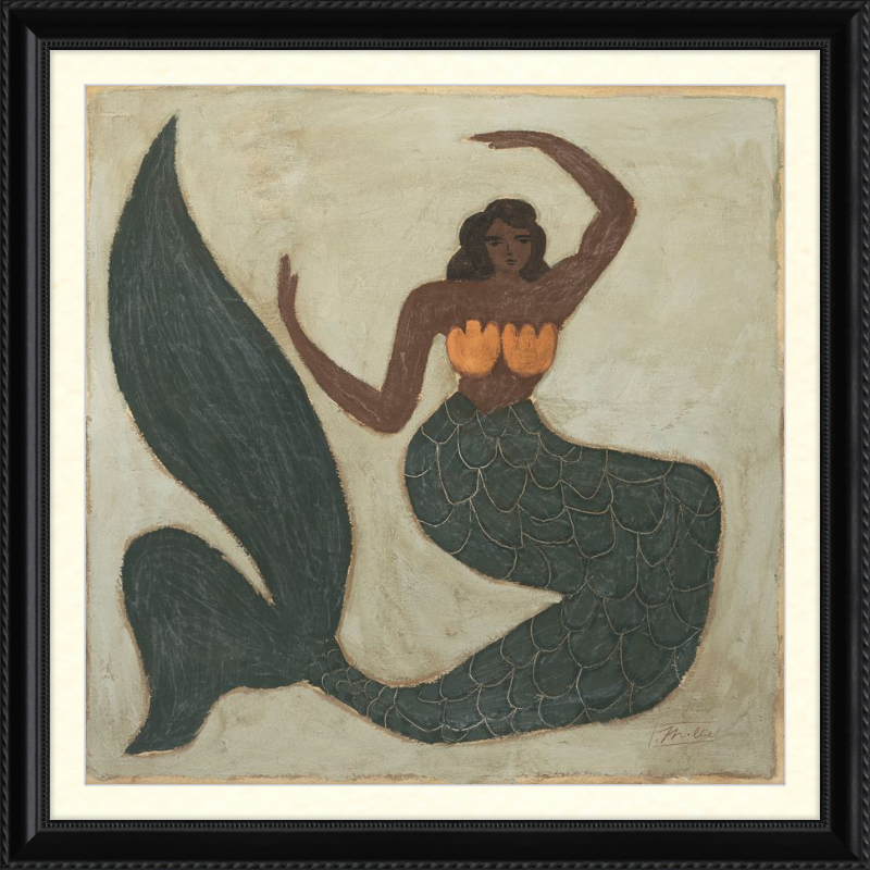 Artistic depiction of a mermaid with a dark green tail and orange top on a beige background.