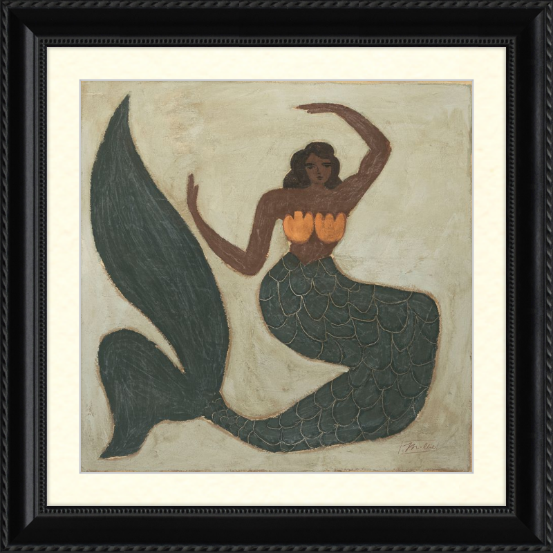 Framed artwork of a mermaid with a black frame