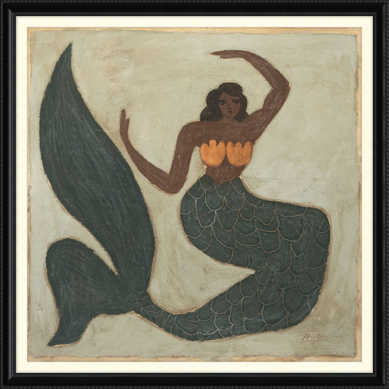 Artistic depiction of a mermaid with a dark green tail and orange top on a beige background.