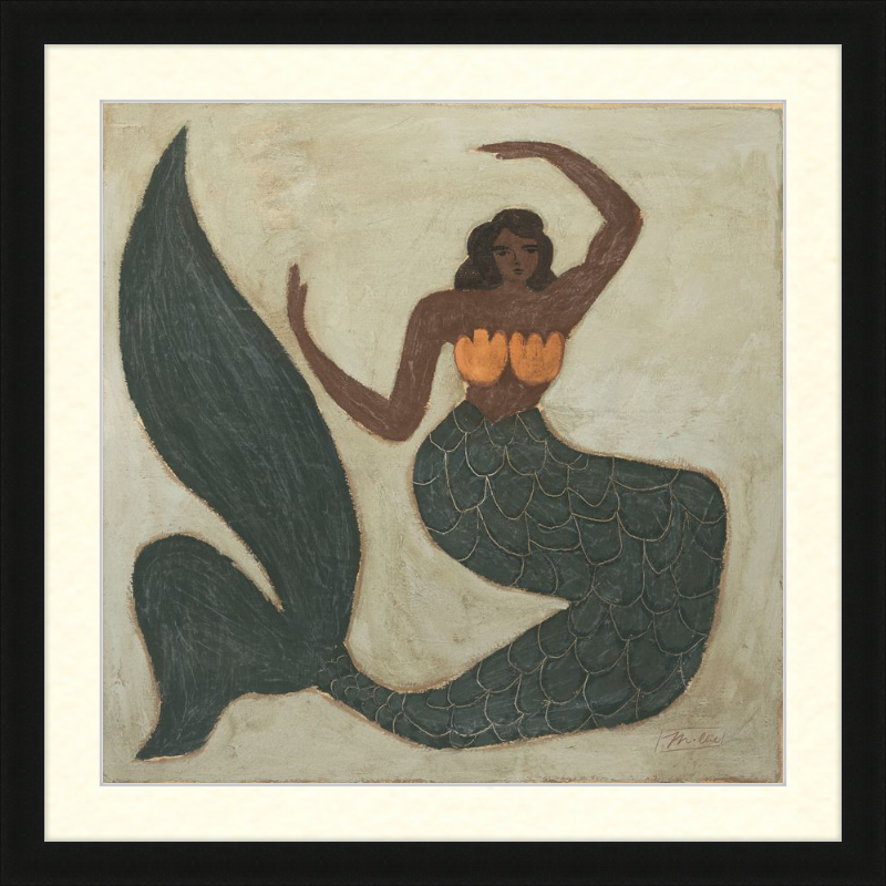 Framed artwork of a mermaid with a dark green tail and orange top on a beige background.