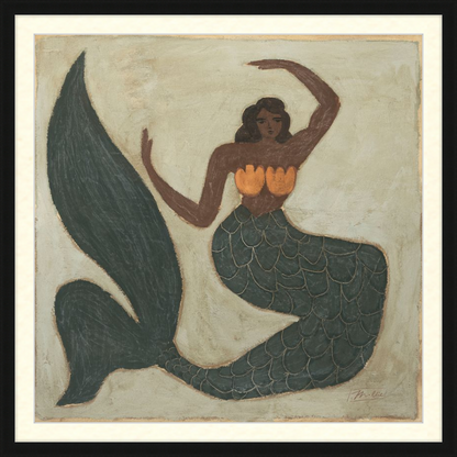 Artistic depiction of a mermaid with a dark green tail and orange top on a beige background.