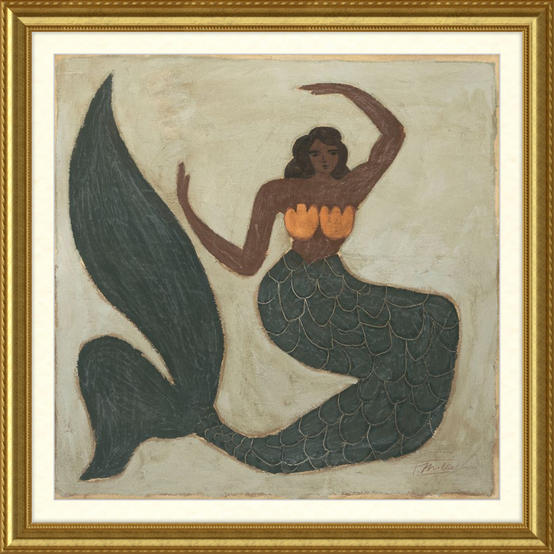 Framed artwork of a mermaid with a gold frame