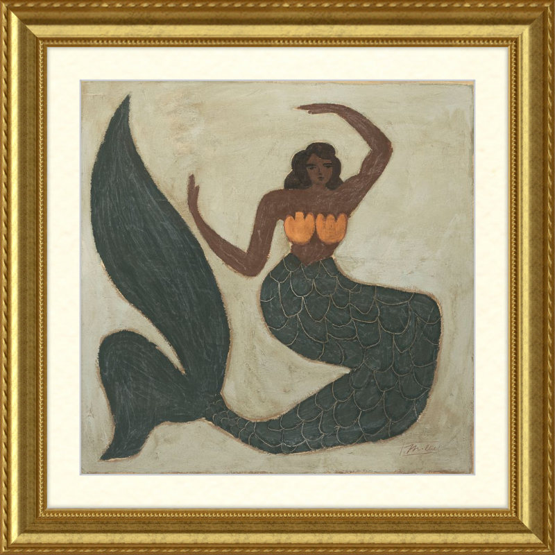 Framed artwork of a mermaid with a gold frame