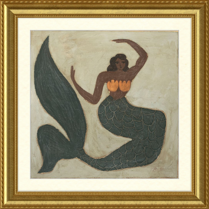 Framed artwork of a mermaid with a gold frame