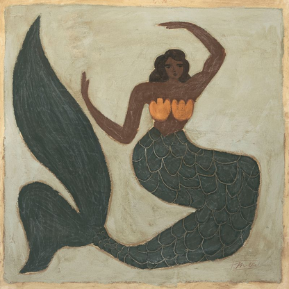 Artistic depiction of a mermaid with a dark green tail and orange top on a beige background.