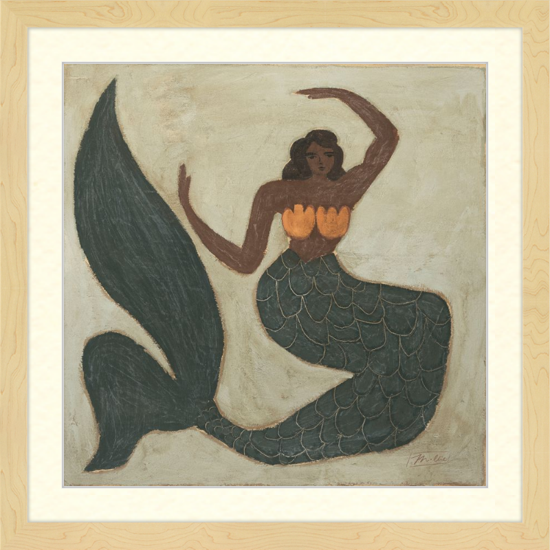Framed artwork of a mermaid with a wooden frame