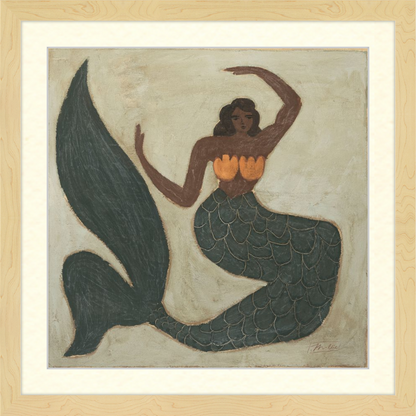 Framed artwork of a mermaid with a wooden frame