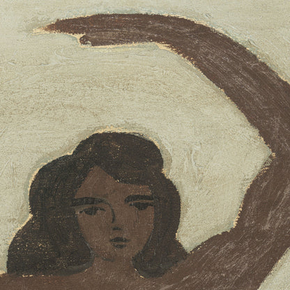 Abstract artwork with a stylized face and curved lines on a textured beige background