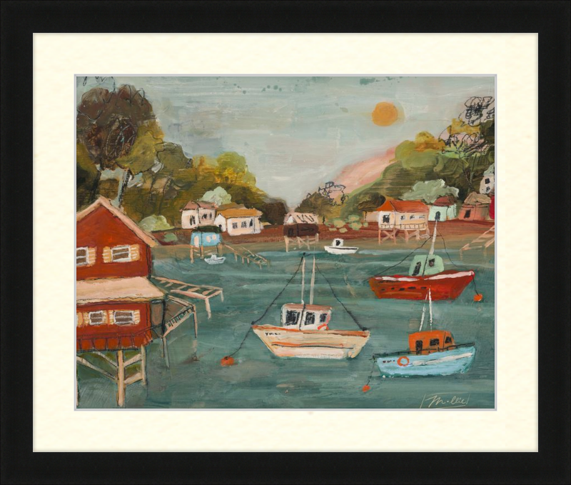 Painting of a harbor scene with boats and houses.