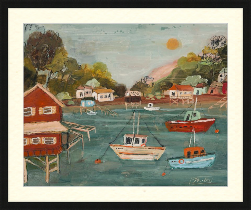Painting of a coastal scene with boats and houses.
