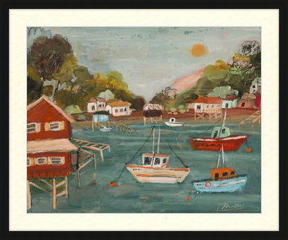 Painting of a coastal scene with boats and houses.