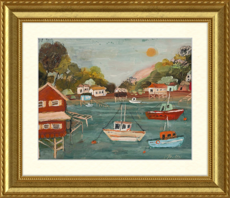 Framed painting of a coastal scene with boats and houses.