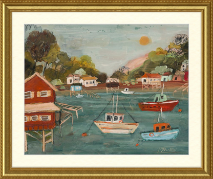 Painting of a harbor scene with boats and houses, framed in gold.