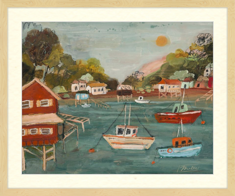 Painting of a harbor scene with boats and houses on stilts.