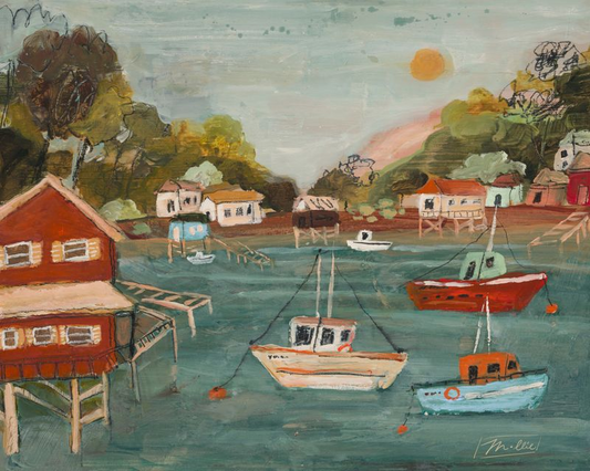 Painting of a harbor scene with boats and houses.