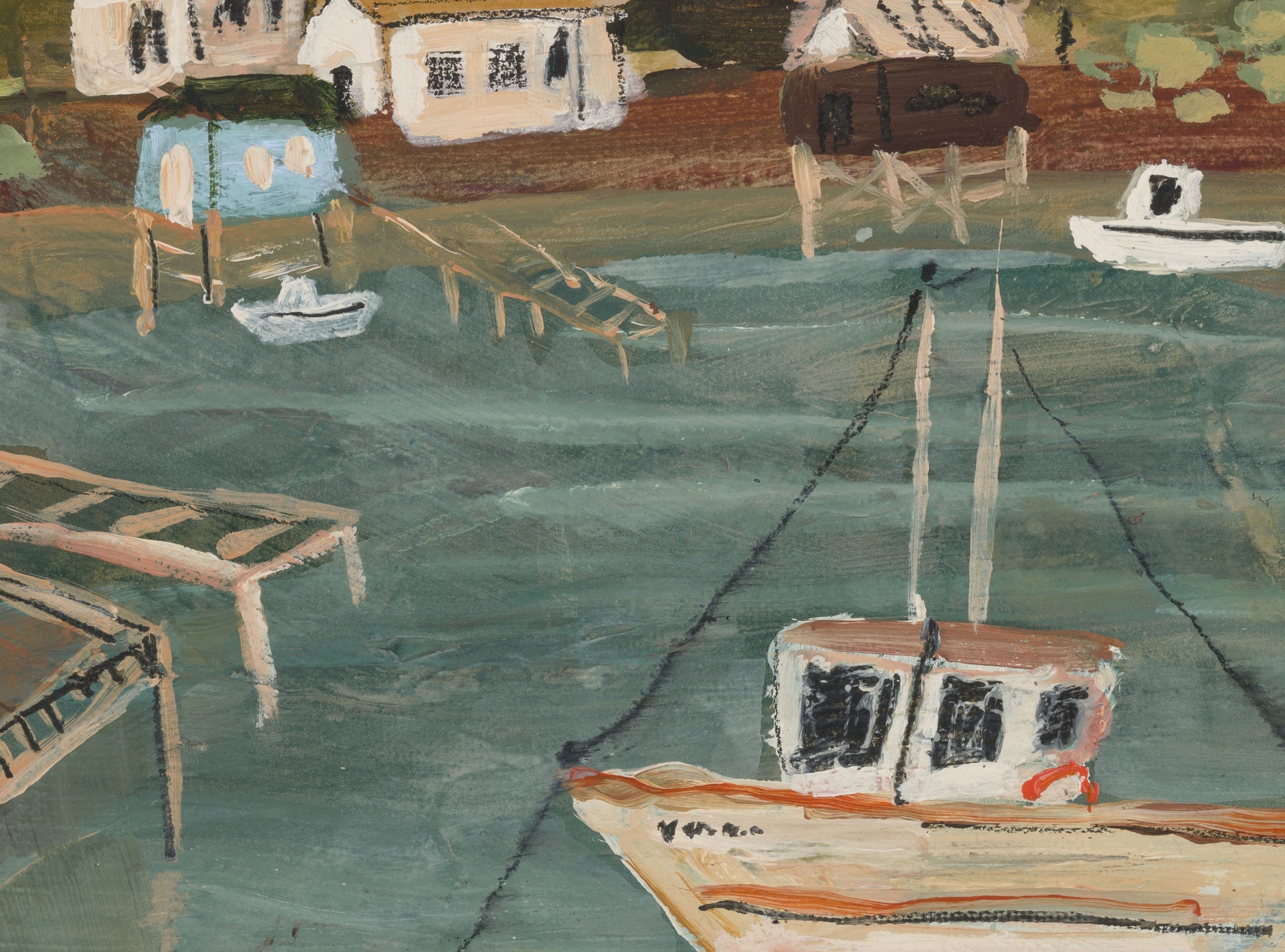 Painting of a harbor scene with boats and houses.