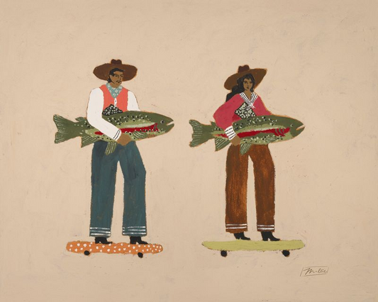 Two people holding large fish on skateboards against a beige background
