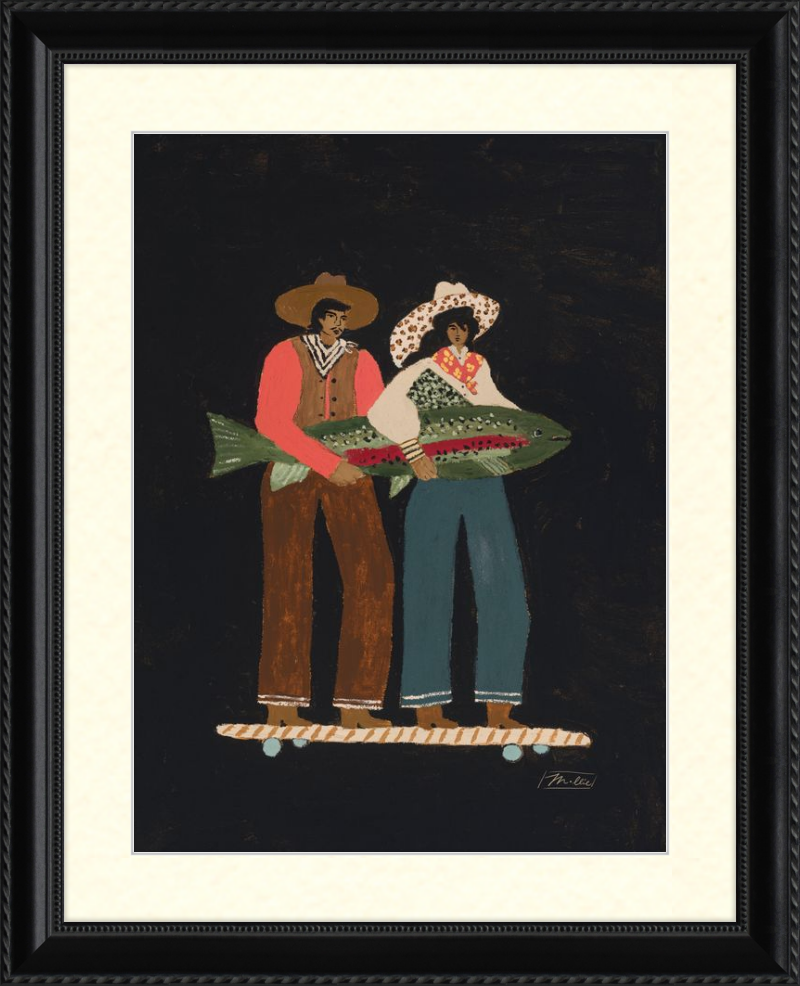 Framed artwork of two people holding a fish on a dark background