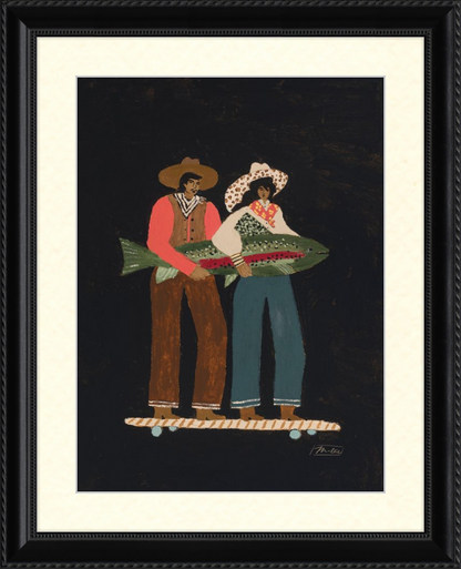 Framed artwork of two people holding a fish on a dark background