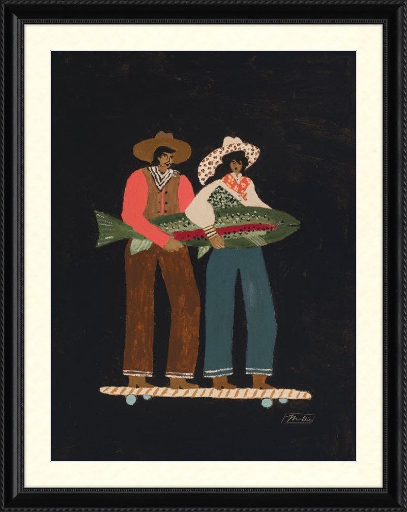 Framed artwork of two people holding a large fish on a black background