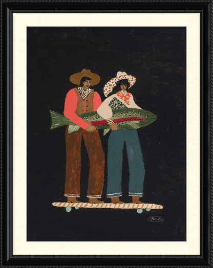 Framed artwork of two people holding a large fish on a black background
