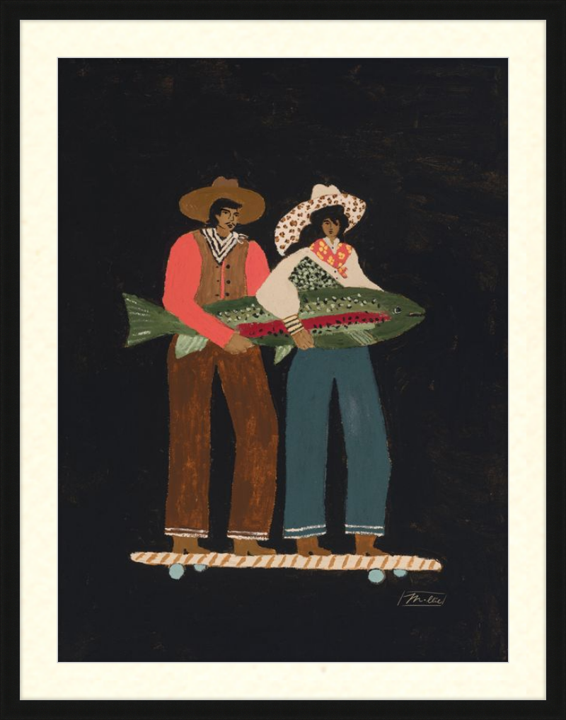 Framed artwork of two people holding a large fish on a black background
